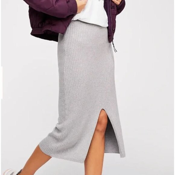Free People Womens Ribbed Knit Midi Skirt with Front Slit Gray M - Picture 1 of 5